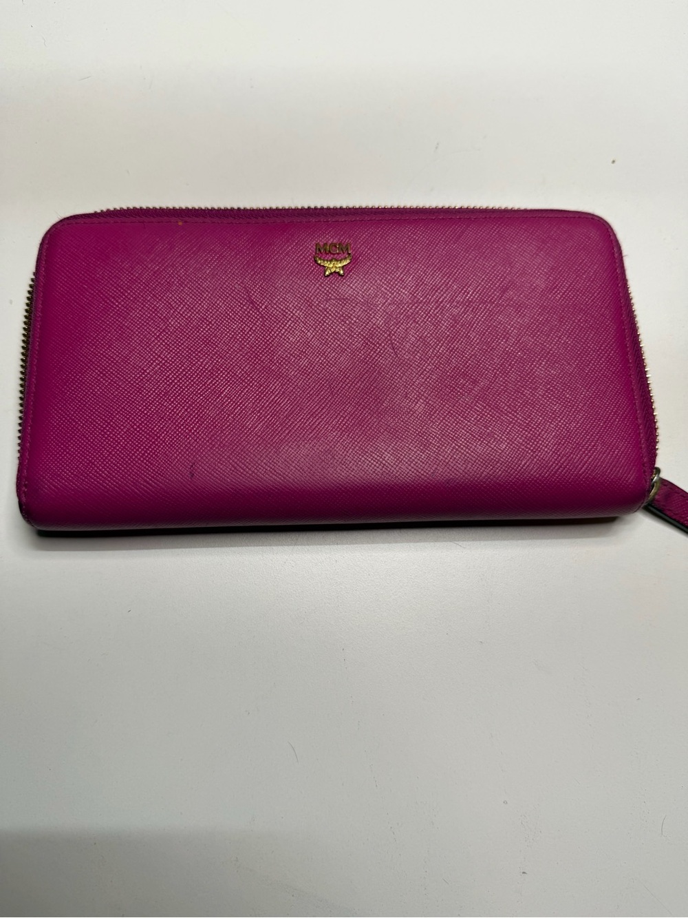 MCM Zip-Around Continental Wallet in Fuchsia with Gold Logo